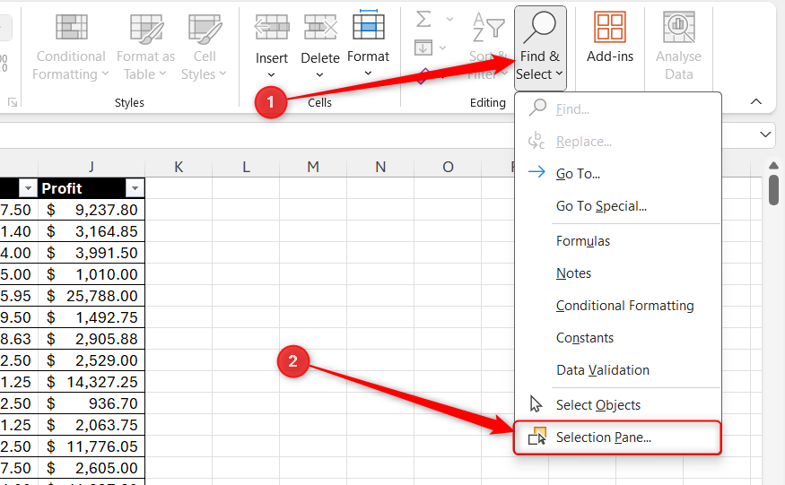 Excel の[検索と選択]ドロップダウン メニューで選択ペインが強調表示されます。