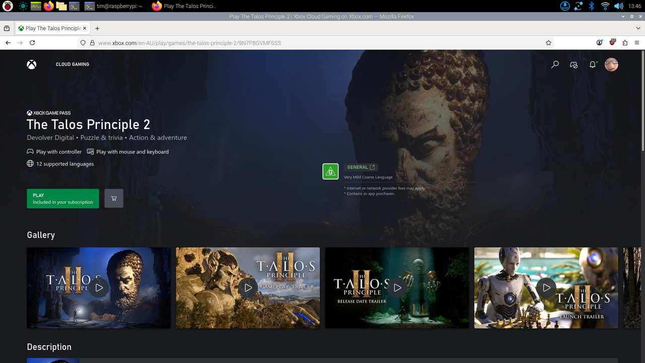 Raspberry Pi OS 上の Firefox での Game Pass クラウド ゲーム。