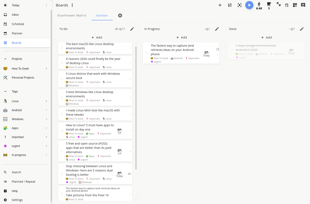 Super Productivity アプリのデフォルトのかんばんボード。