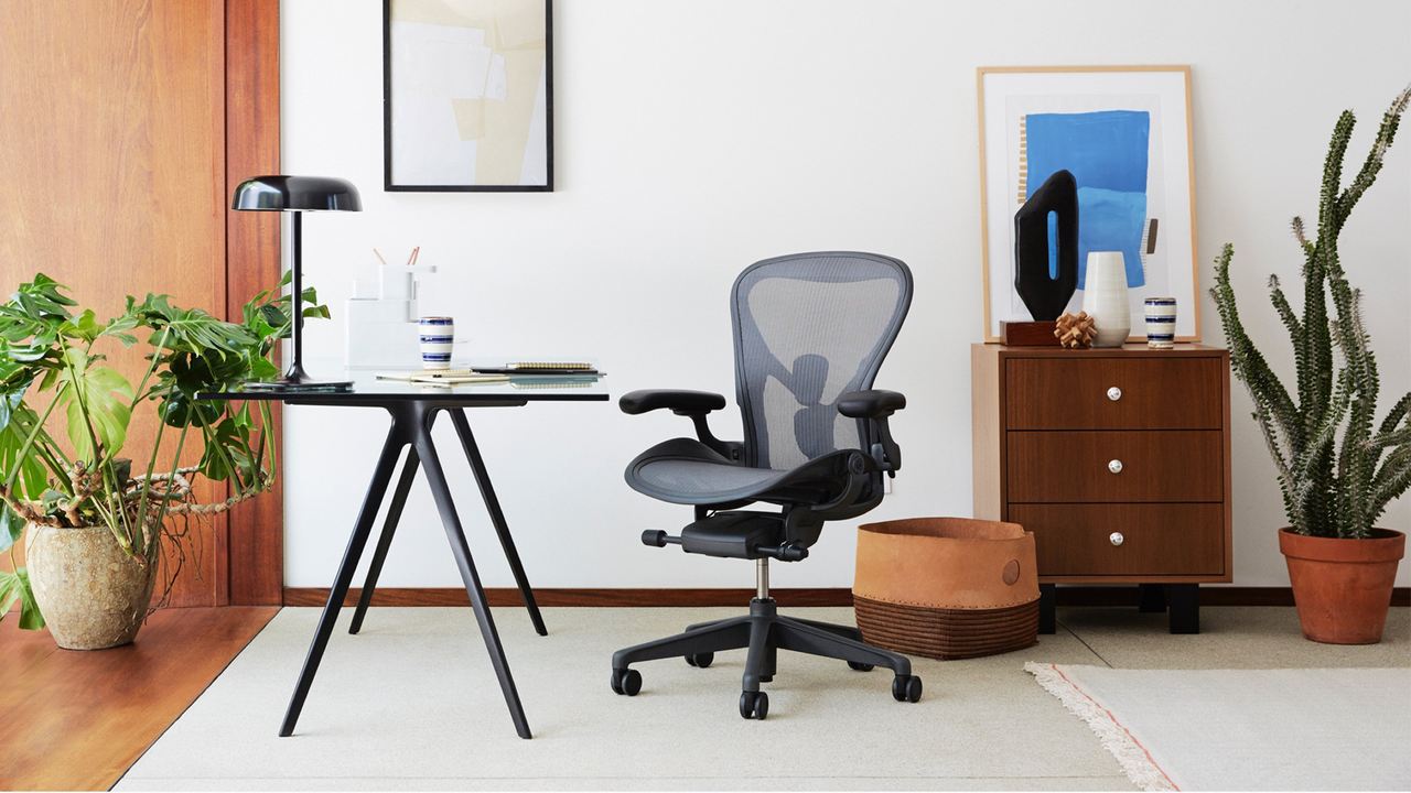 植物とモダンな家具を備えたライトオフィスのハーマンミラー・アーロン。