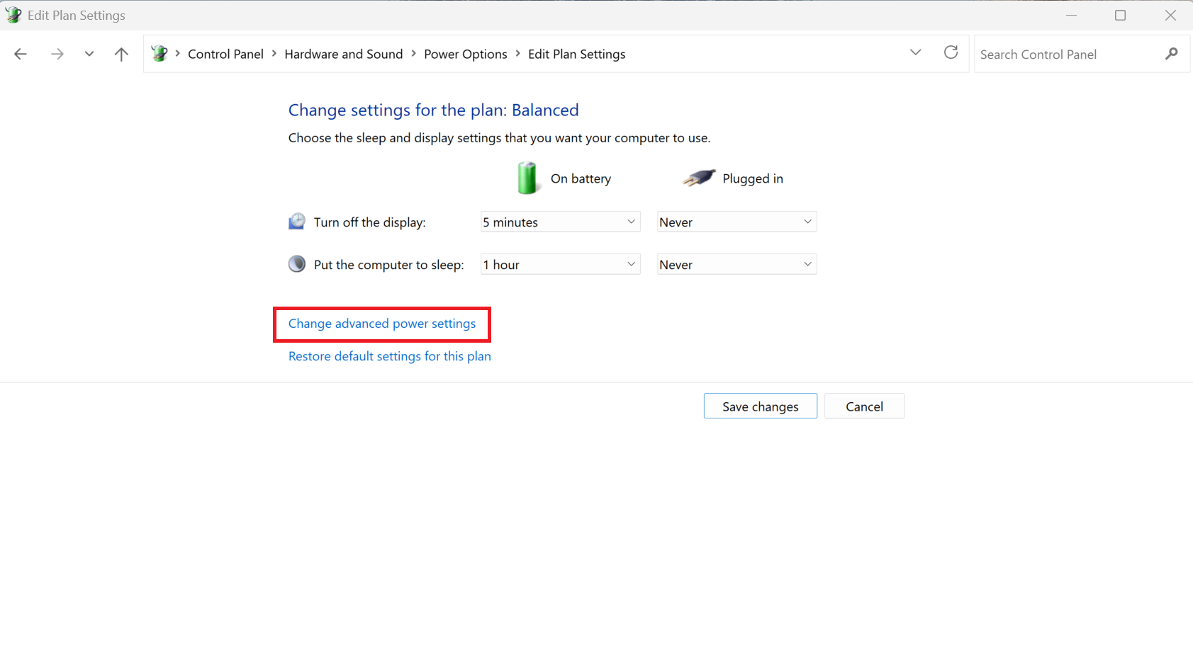Windows 11 コントロール パネルを開いて電源オプションを表示したスクリーンショット。詳細な電源設定の変更は赤色で強調表示されます。