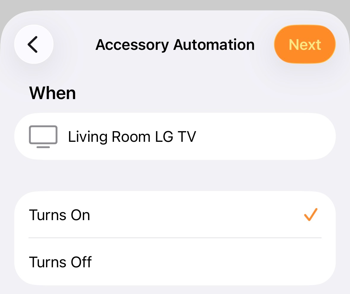 スマート TV の電源が入ったときにトリガーされる Apple Home のオートメーション。