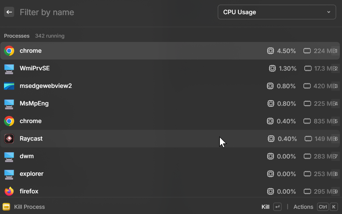 Windows 上で実行されているすべてのアプリとサービスを表示する、Raycast Kill Process が開いているスクリーンショット。