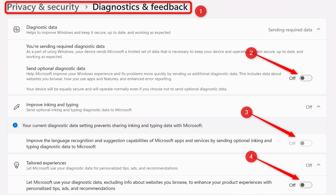 Windows の設定アプリで診断とフィードバックの設定を調整します。