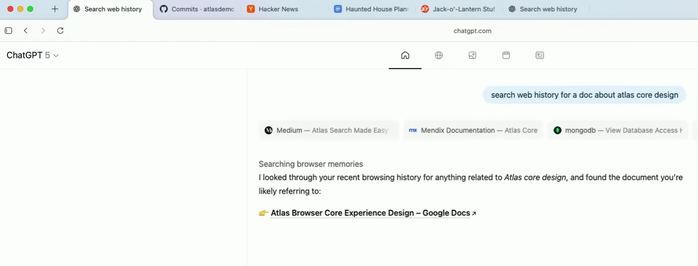 ChatGPT Altas のブラウザ メモリのデモンストレーション。