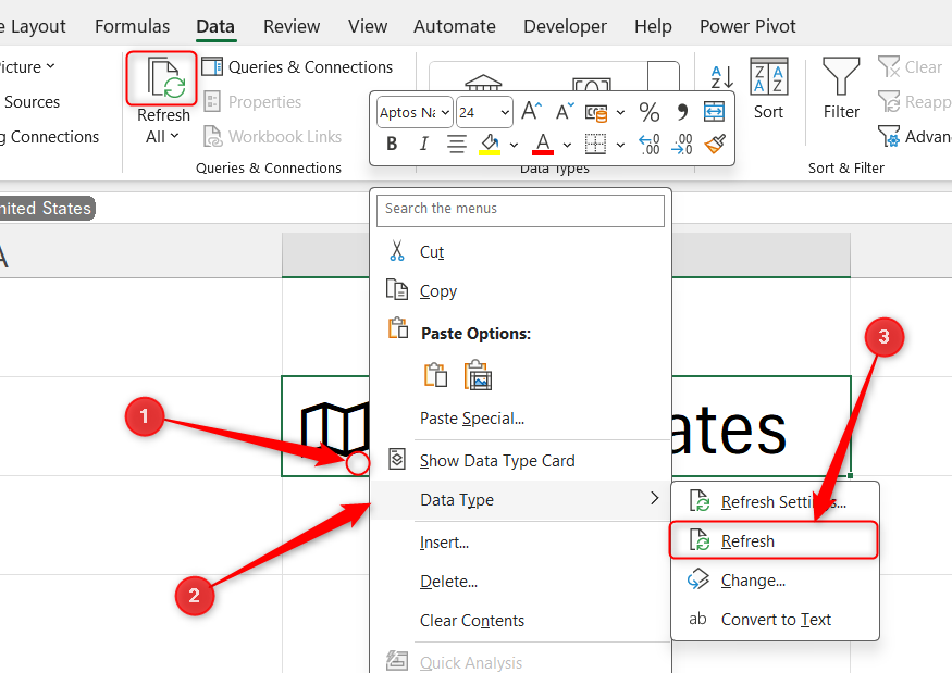 Microsoft Excel の[すべて更新]および個別のデータ更新オプション。