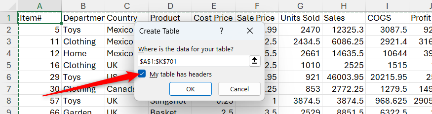Microsoft Excel の[テーブルの作成]ダイアログで[テーブルにヘッダーがある]がチェックされています。