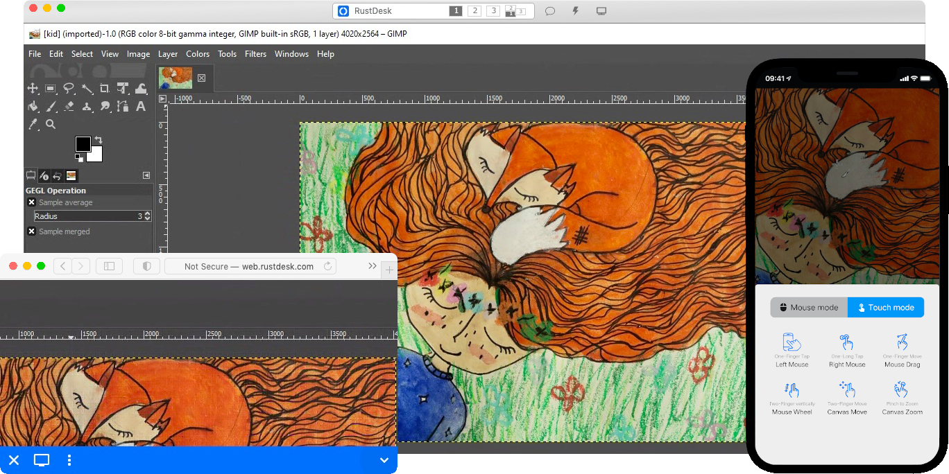RustDesk では Gimp を複数の表示モードで開きました。