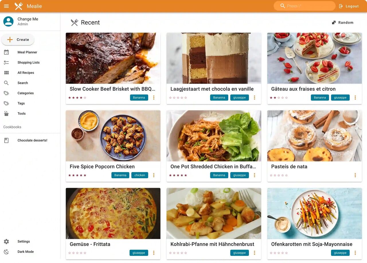 保存されたレシピを表示する Mealie ミール プランナー Web インターフェイス。