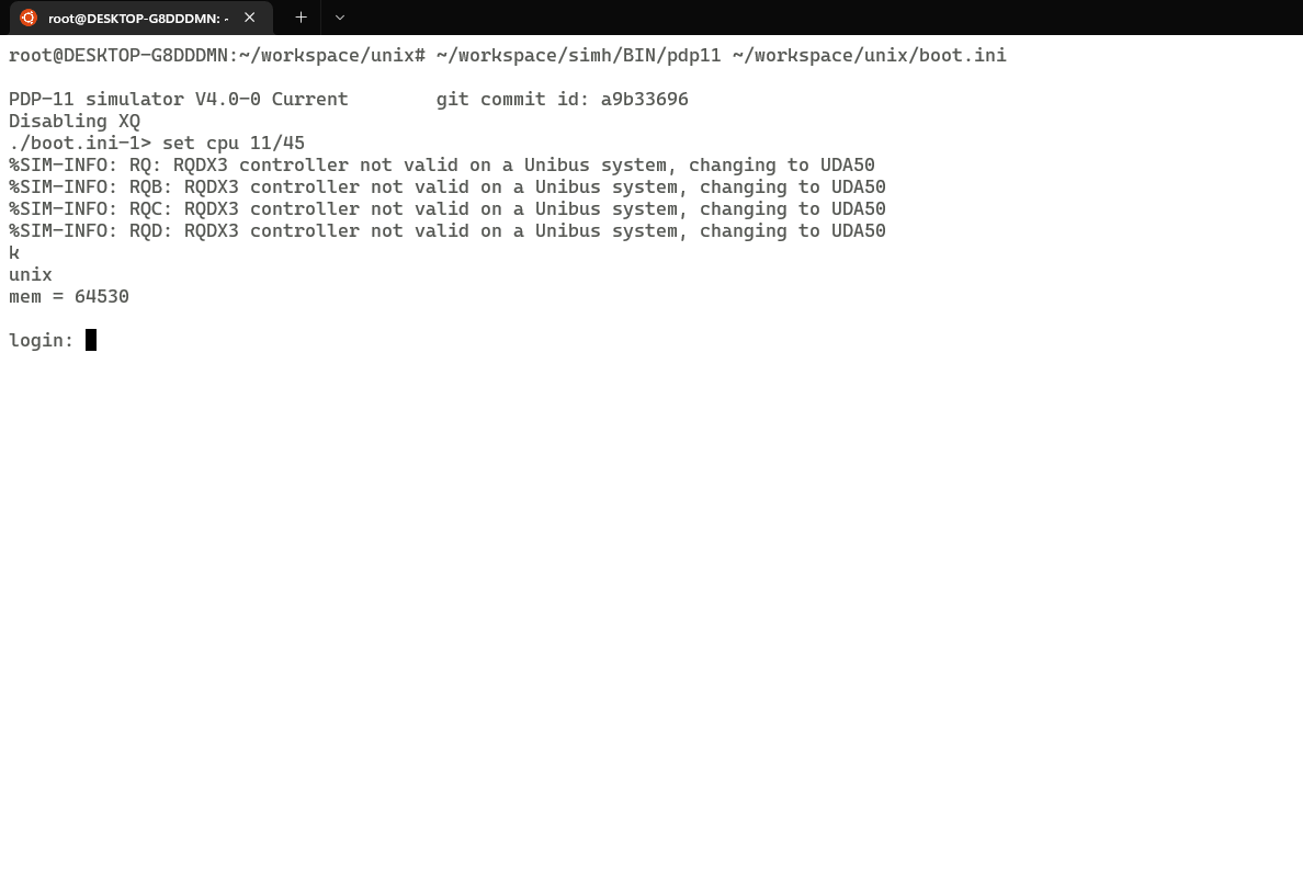 UNIX V4 で正常に起動しました。