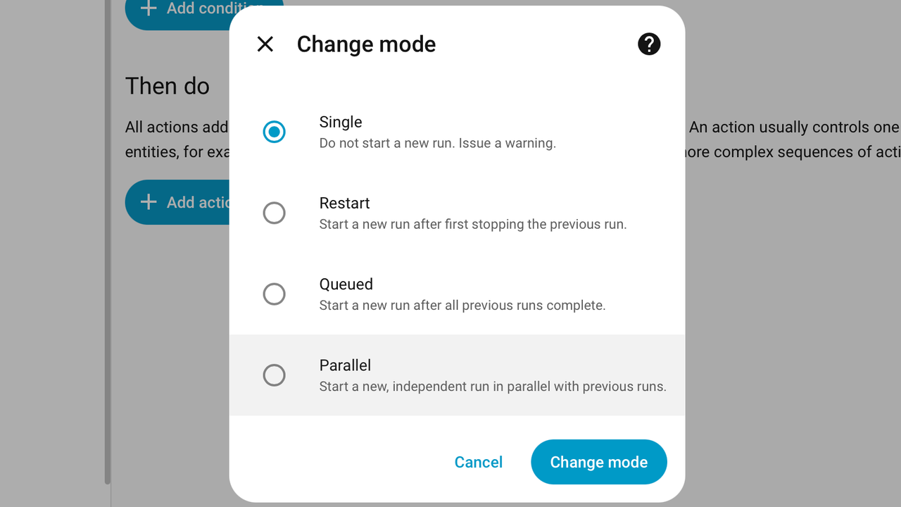 ホーム アシスタント オートメーション エディターでシングル モードを選択します。