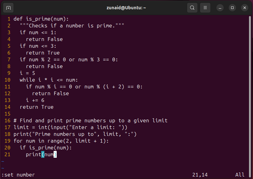 Vim 内のテキストが行番号とともに表示されます。