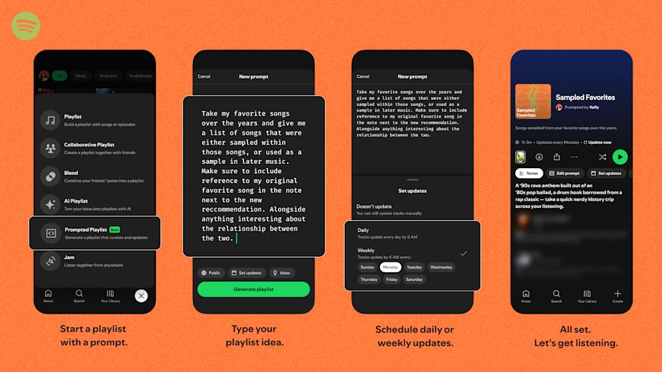 Spotify 프롬프트 재생 목록을 생성하는 단계를 보여주는 4개의 화면