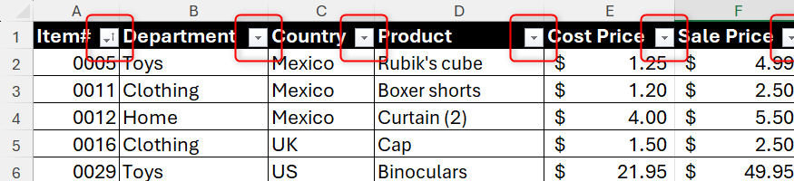 Excel テーブルのフィルター ボタン。