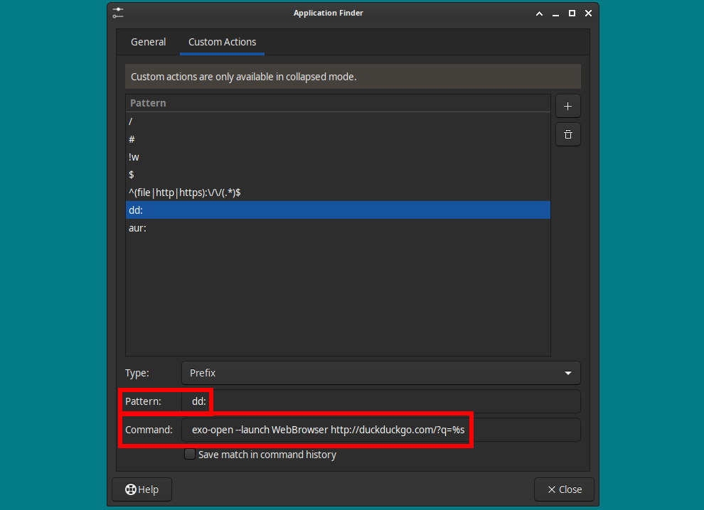 Xfce Application Finder の環境設定メニューには、DuckDuckGo 検索コマンドが配置されたカスタム アクションが表示されます。