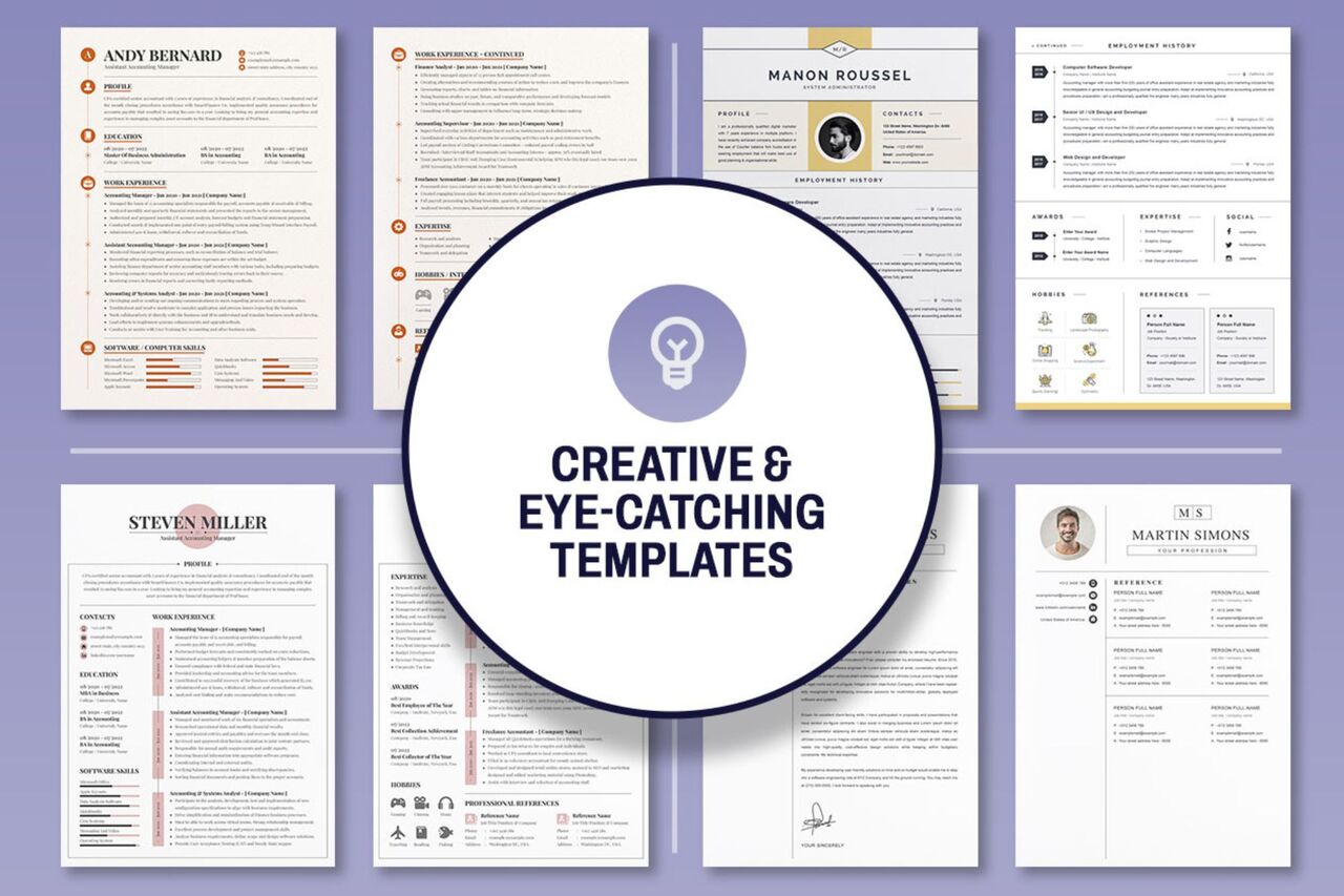 다음과 같은 중앙 오버레이가 포함된 다양한 이력서 템플릿의 콜라주 "창의적이고 눈길을 끄는 템플릿" 그리고 전구 아이콘이 있습니다.