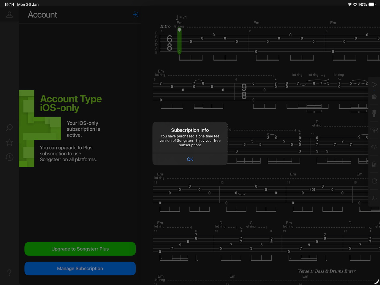 Songsterr の生涯購入通知。