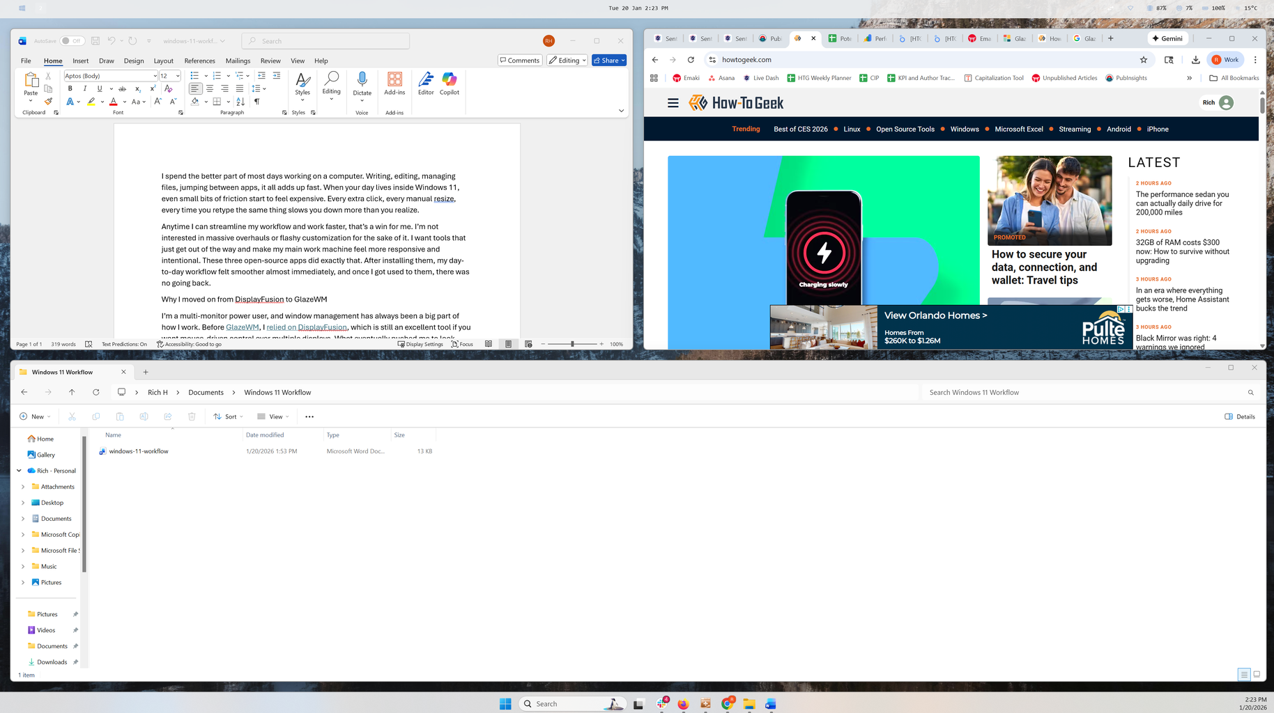 Windows タイル マネージャーである GlazeWM のスクリーンショット。1 台の大型モニター上に完璧なサイズの 3 つの Windows が表示されています。