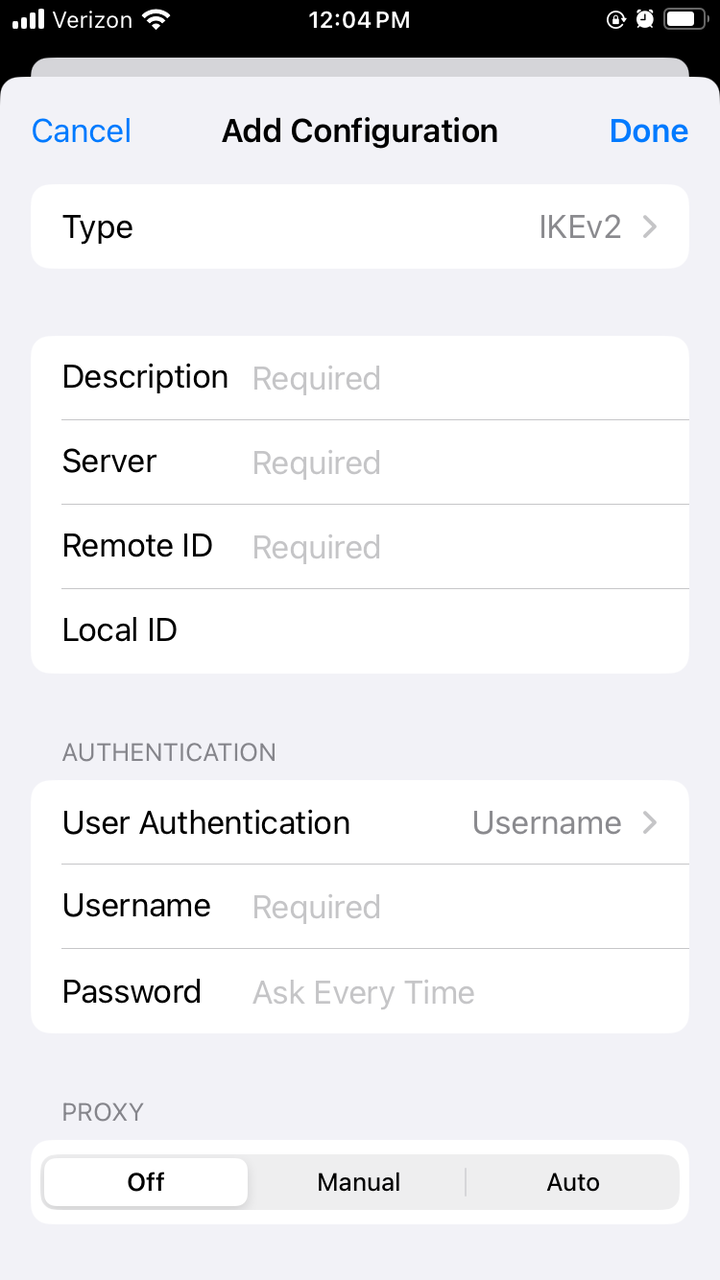 iOS에서 VPN 연결을 수동으로 설정합니다.