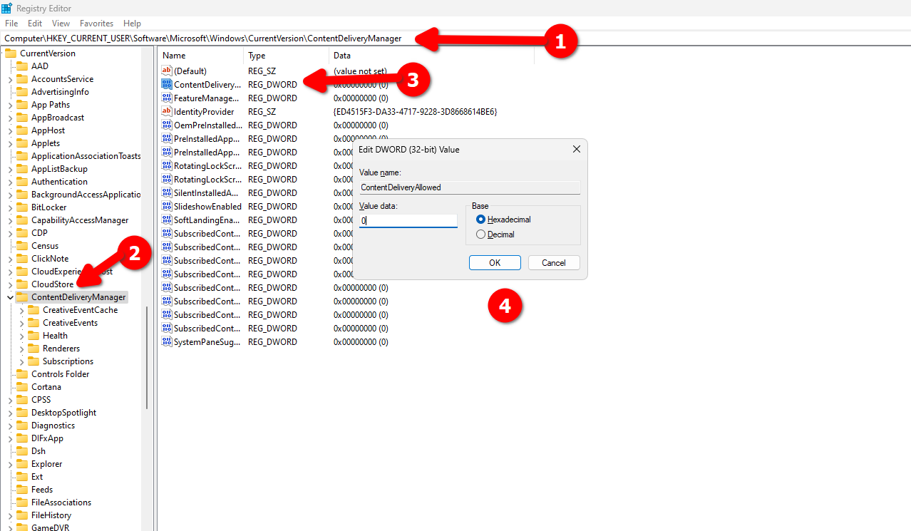 レジストリ エディターで Content Delivery Manager キーの値を変更します。