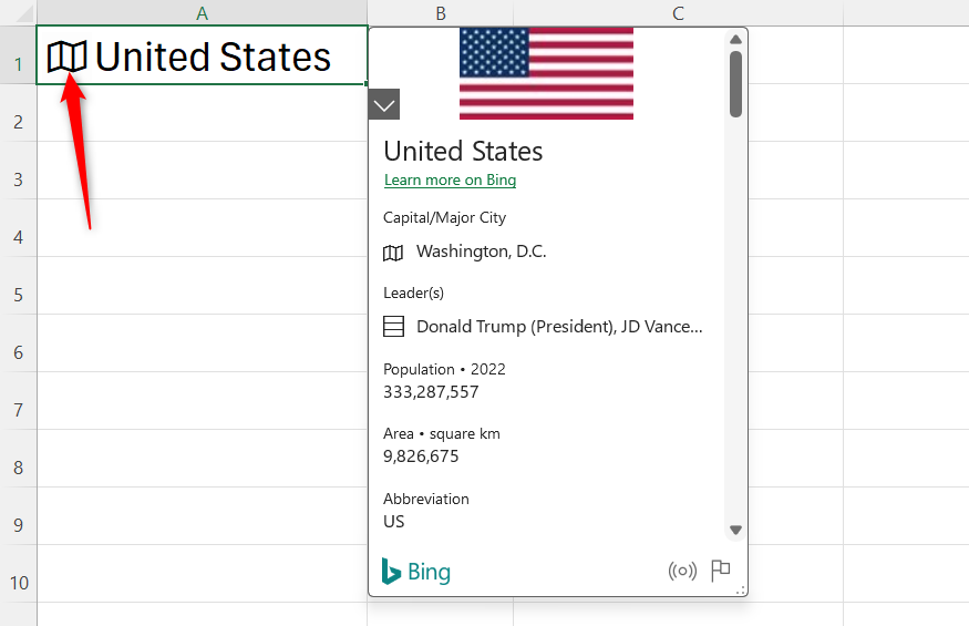 Microsoft Excel で米国のバリュー トークンにリンクされたデータ カード。