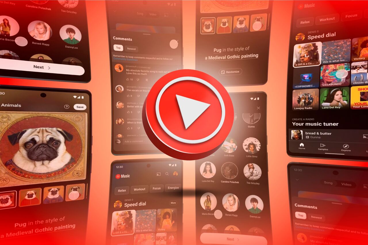 バックグラウンドにある Youtube Music アイコンといくつかの Youtube のスクリーンショット。