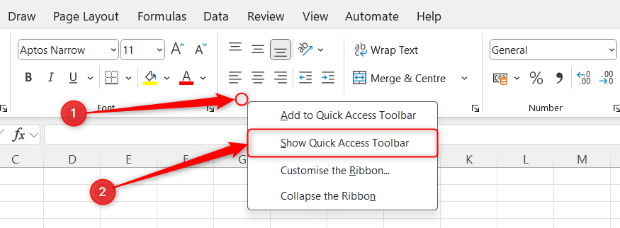 Microsoft Excel リボンの右クリック メニューが展開され、[クイック アクセス ツールバーを表示]が選択されます。