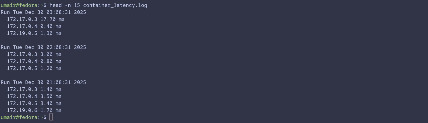 コンテナーの遅延をチェックする ping pong cron ジョブのログ