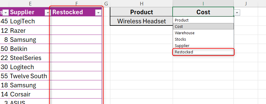 新しい列が Excel テーブルに追加され、同じ列が別のセルのデータ検証ドロップダウン リストに表示されます。