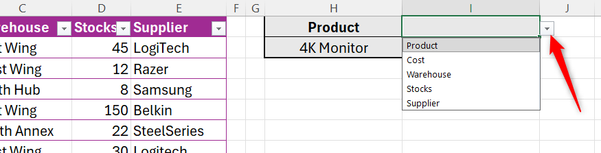 テーブル ヘッダーのドロップダウン リストが Excel のセルから展開されます。