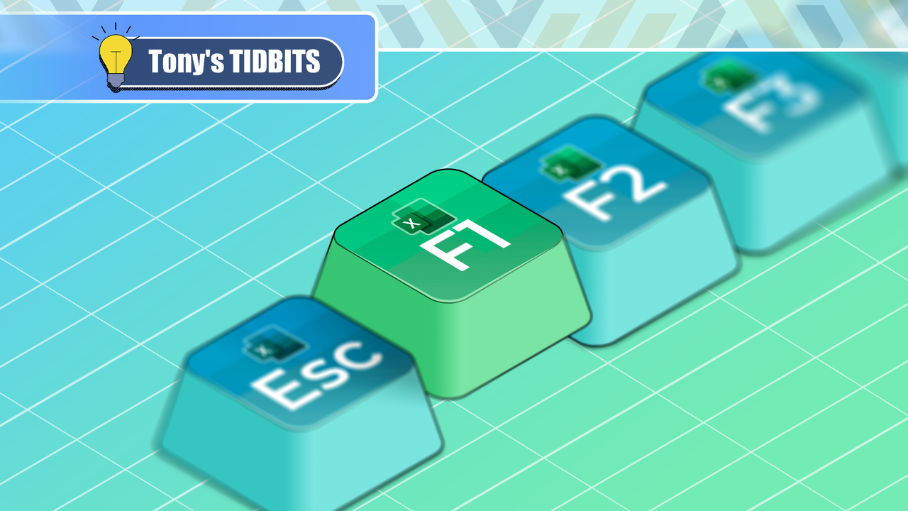 Excel をテーマにしたファンクション キーのイラスト。F1 キーが中央に目立つように盛り上がっています。