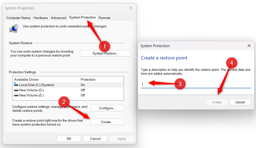 「システムのプロパティ」ウィンドウでシステムの復元ポイントを作成します。