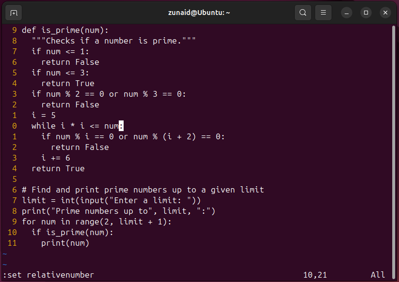 Vim のテキストは相対番号スキームで表示されます。