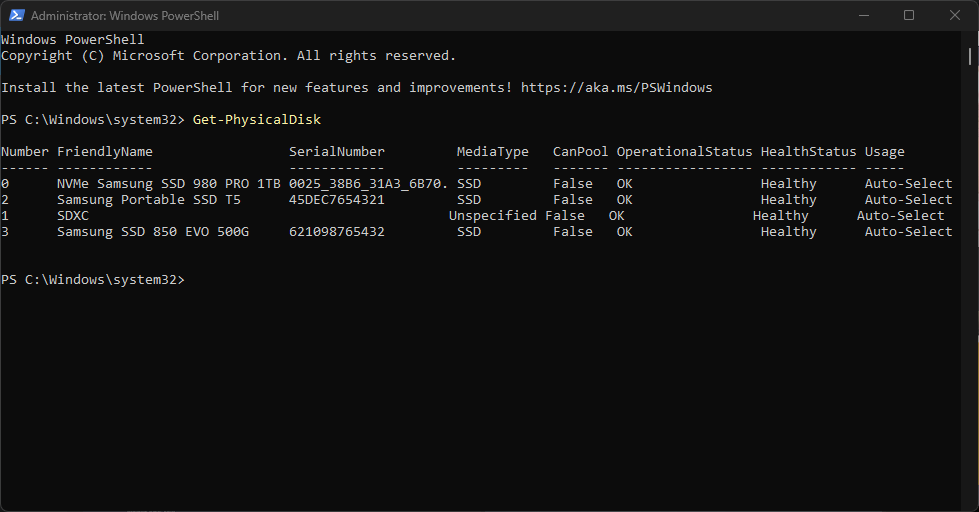 Windows で物理ディスクのリストを確認します。