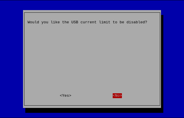 Raspberry Pi OS の raspi-config での USB 電流制限設定。