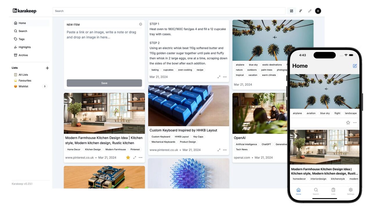Karakeep の Web インターフェイスには、保存されたアイテムが表示され、iPhone 上で Karakeep が実行されていることが表示されます。