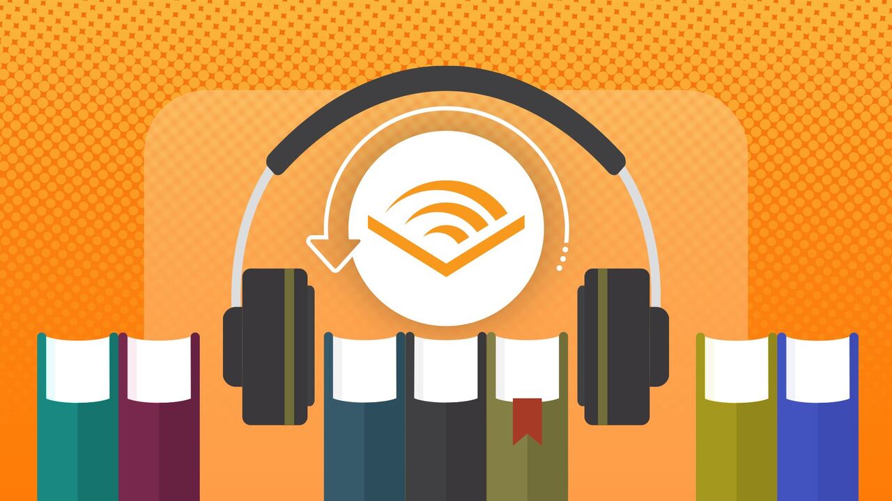 いくつかの本、ヘッドフォン、および復帰を示す中央の Audible ロゴのイラスト。