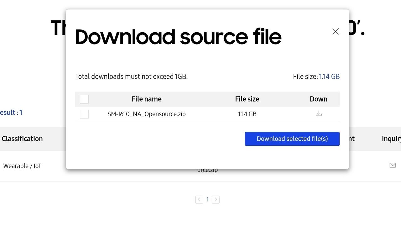Samsung Galaxy XR オープンソース カーネル ファイルのダウンロード ウィンドウ。