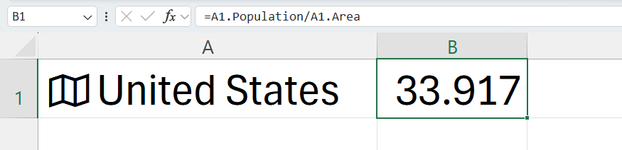Excel の数式は、値トークンを参照して人口密度を計算します。