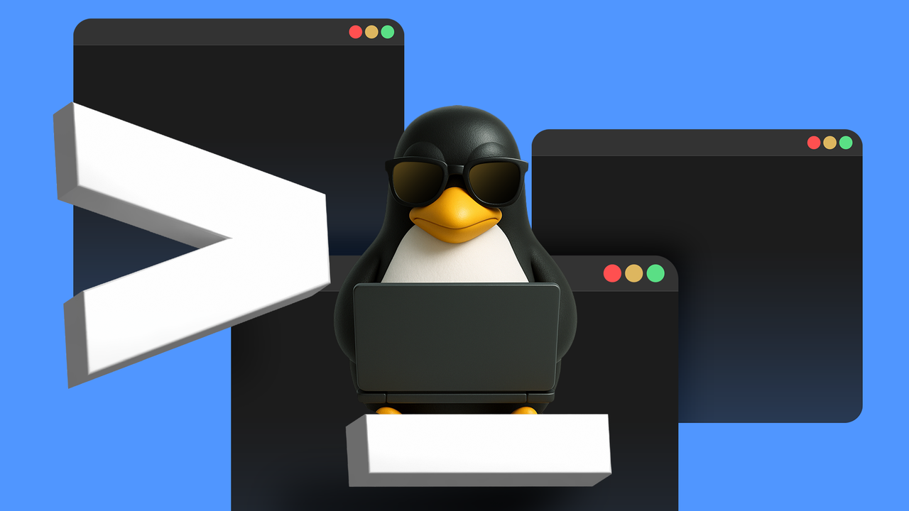 Linux のマスコットである Tux は、サングラスをかけ、フローティング ターミナル ウィンドウと 3D コマンド シンボルに囲まれたラップトップで作業しています。-1