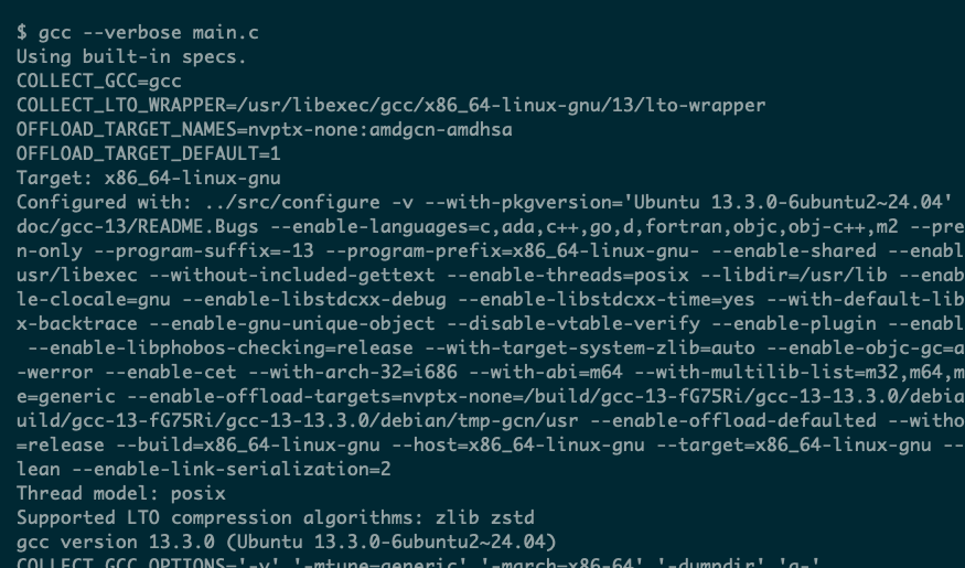 gcc プログラムからの詳細な出力には、環境に関する多くの診断が含まれています。