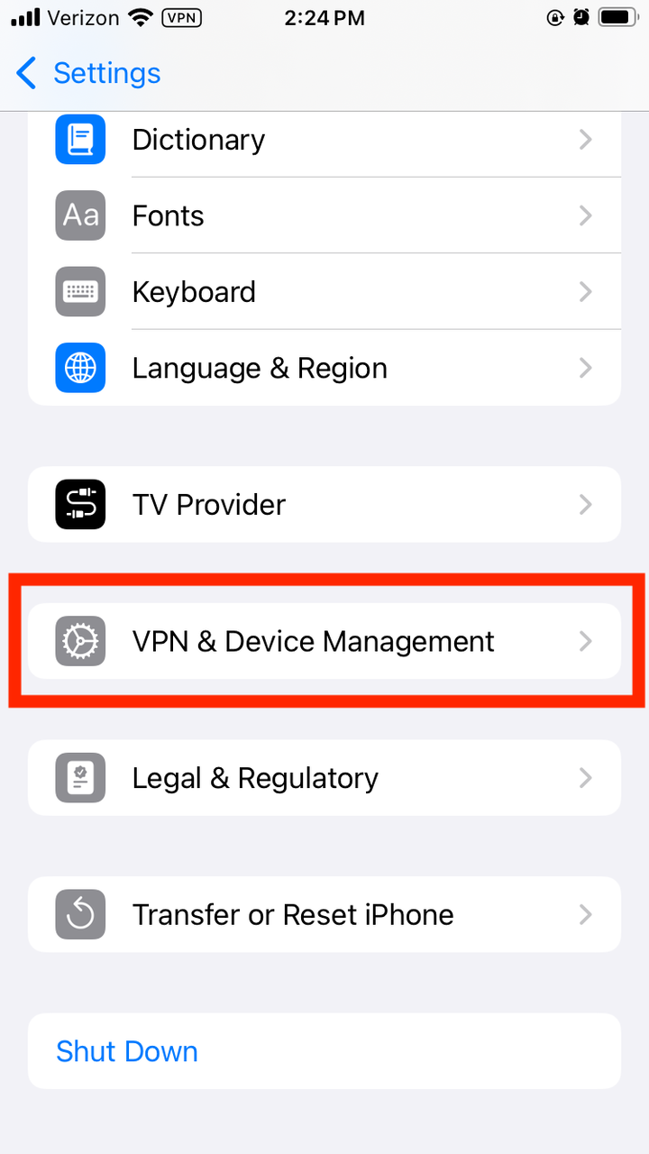 iOS의 VPN 설정 위치.