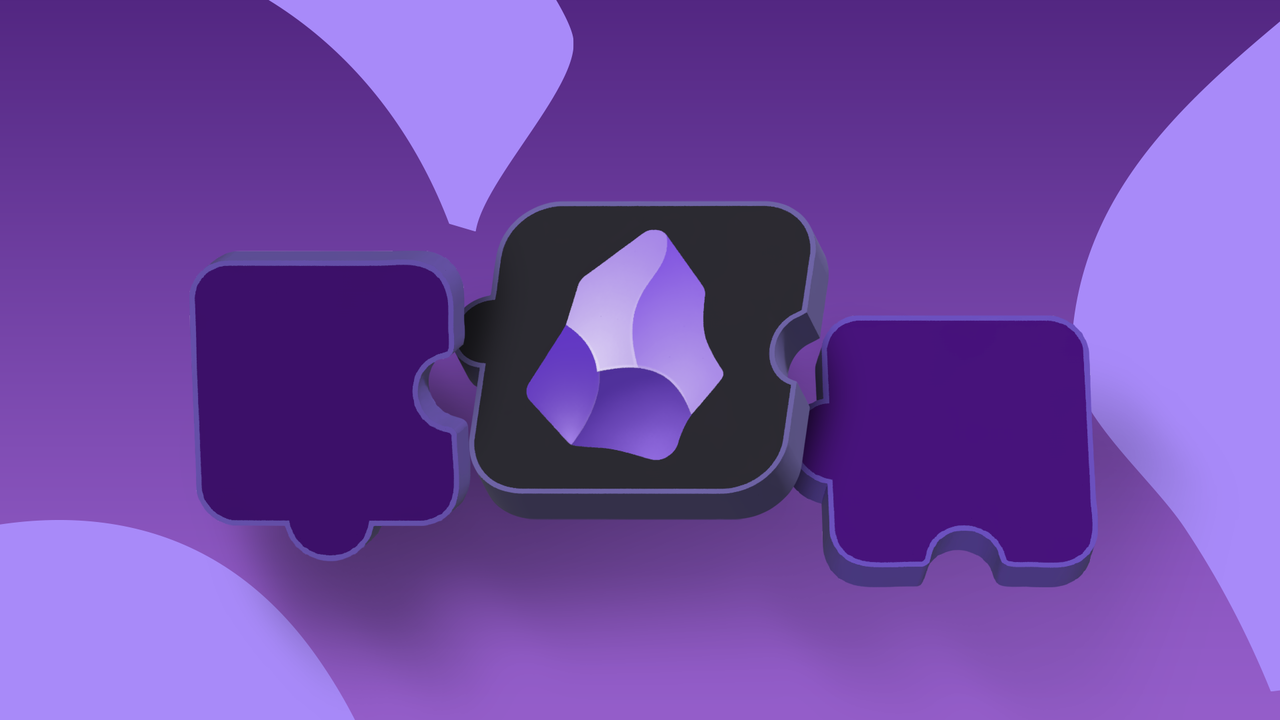 Obsidian アプリのロゴのイラストがパズル ピースの中央に配置され、両側の他の 2 つのパズル ピースとつながっています。