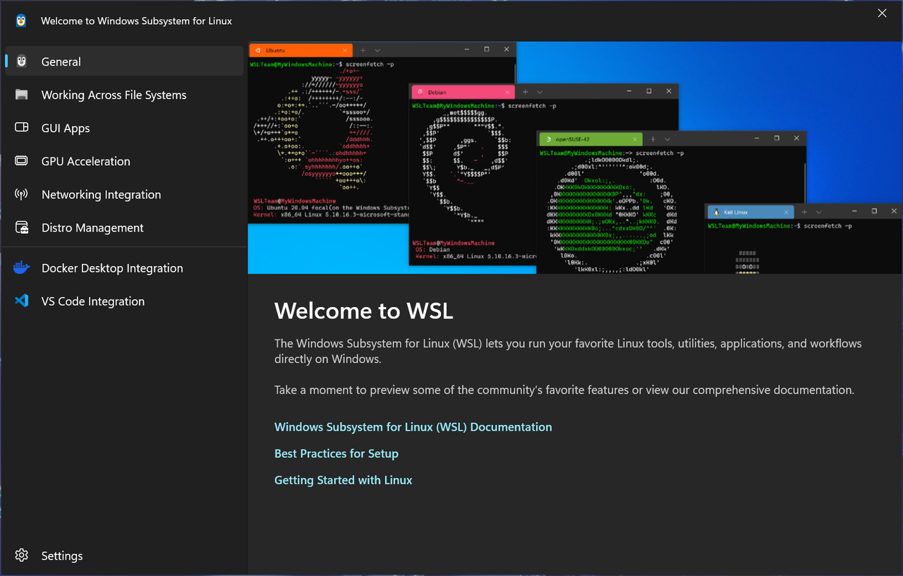 ヒントを含む「WSL へようこそ」ウィンドウのスクリーンショット。
