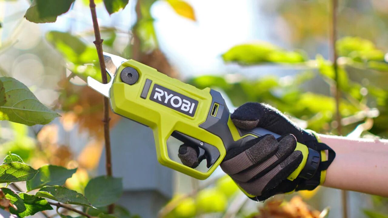 木の枝を切るリョービの切断鋏。 