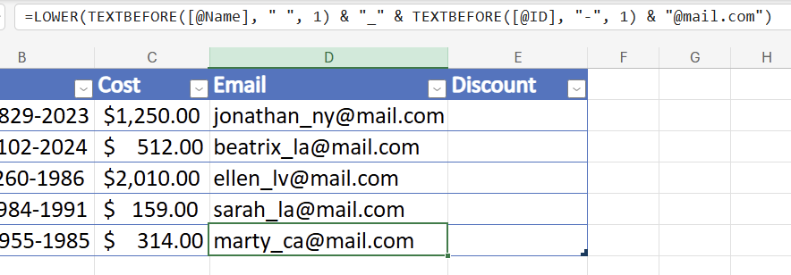 Web 用 Excel の例による数式ツールを使用して作成された数式内の LOWER 関数と TEXTBEFORE 関数。