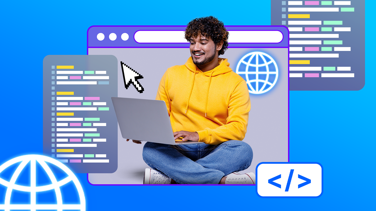 明るい青色の背景に、コード スニペット、Web ブラウザーのグラフィックス、インターネット アイコンに囲まれて、ノート パソコンであぐらをかいて座っている笑顔の男性。