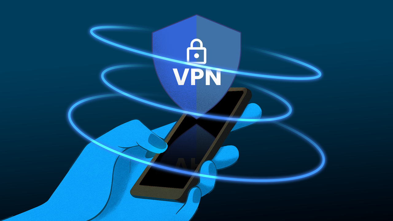青い保護リングに囲まれ、その上に「VPN」というラベルの付いたシールドが付いたスマートフォンを持っている手の図_