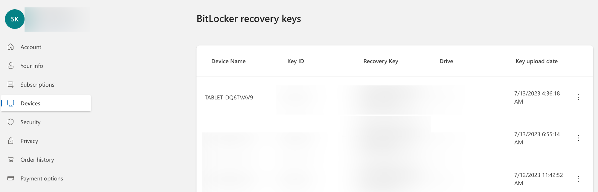 Microsoft Web サイトから回復キーを書き留めます。
