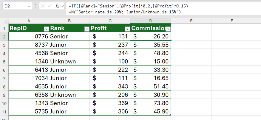 N() 関数は Excel の IF 式に追加され、ロジックを文書化します。